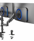 Zero Hassle Dual Monitor Mount For 17 To 32 Inch Screens With Slick Mechanical Spring Arms full tilt swivel and rotation, showing dual monitor setup.