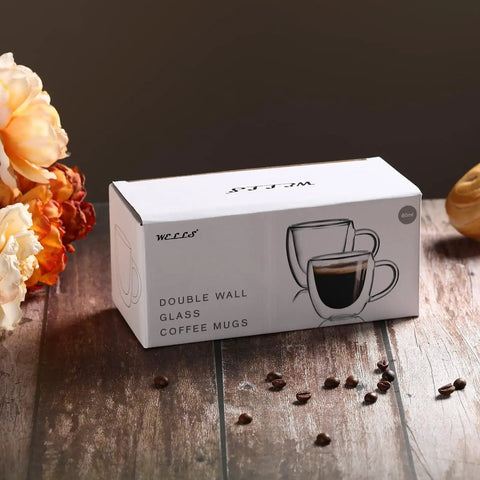 Double Wall Insulated Espresso Cups Set Of Two Borosilicate Glass Demitasse Mugs With Handle Heat Resistant Shot Glasses Straight Up Kitchen Essential Microwave Safe Daily Grind Must Have in box with coffee beans.