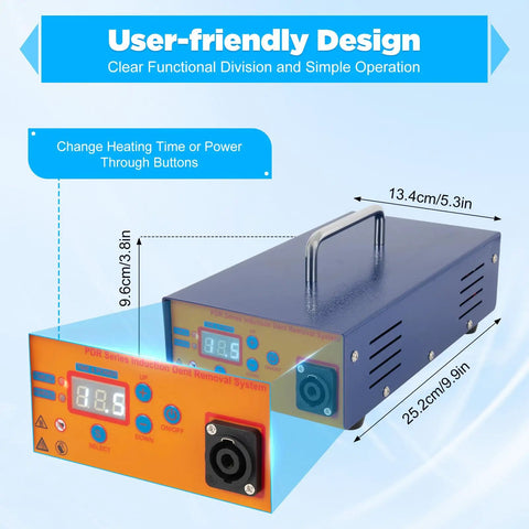 Portable PDR Induction Heater Dent Repair Tool 1380W Magnetic Auto Body Pro Kit with dimensions and user interface
