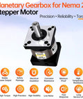 Ten To One Planetary Gearbox For Nema 23 And 24 Stepper Motors with product features icons, high torque, precision
