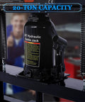 Heavy Duty 20 Ton Hydraulic Shop Press With Adjustable H Frame And Steel Press Plates Floor Mounted Bearing Press close-up of 20T hydraulic bottle jack