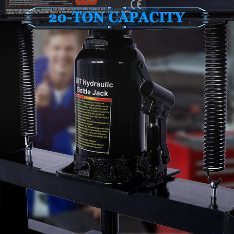 Heavy Duty 20 Ton Hydraulic Shop Press With Adjustable H Frame And Steel Press Plates Floor Mounted Bearing Press close-up of 20T hydraulic bottle jack