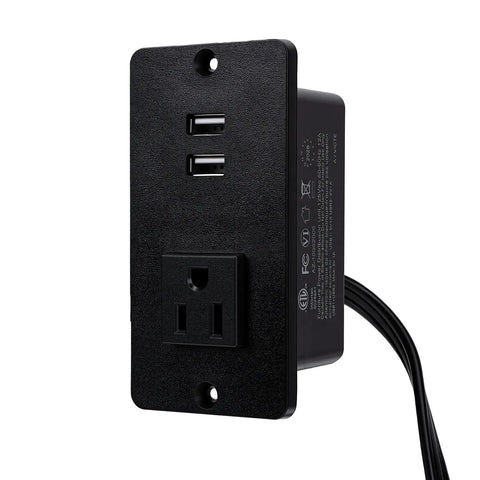 Flush Mount Power Outlet With Heat Resistant Pc Body Legit Fire Proof Design featuring two USB ports and one AC outlet for easy installation.