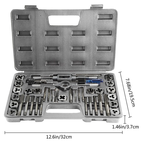 Open storage case containing Tap And Die Set With Storage Case For Quick Threading And Rethreading Internal And External Threads Metric And SAE M3 To M12 40 Piece Pro Grade Tool Kit For Easy Repairs And Removing Broken Screws