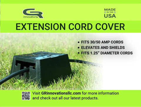 RV Extension Cord Cover Plug Saver Outdoor Electrical Cord Cover Elevates And Shields Outdoor Cords For 30 Amp And 50 Amp Use Made In USA Beefed Up Weatherproof Cord Shield Fits Up To Three Cords Easy Install image showing black cover on grass