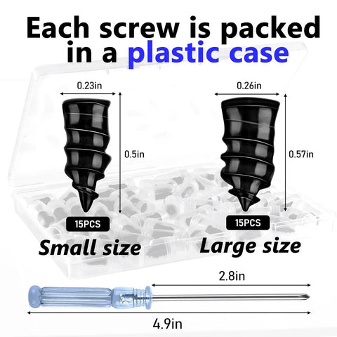 30 Pcs Tire Repair Screws Self Tapping Rubber Plugs Kit With Screwdriver And Storage Box shown with plastic case and two plug sizes.
