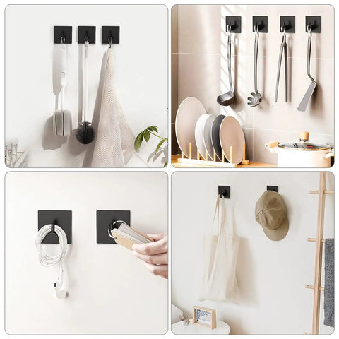 Adhesive Towel Hooks Set Waterproof Shower Wall Mount Matte Black Stainless Steel Durable Hooks With Extra Adhesive Strips Easy No Drill Bathroom Organization Four Pack