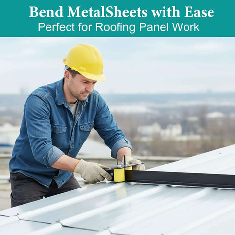 Man using Heavy Duty Sheet Metal Bender Tool For Roofing Adjustable 0-90 Degree Roller Bender on standing seam roof panel