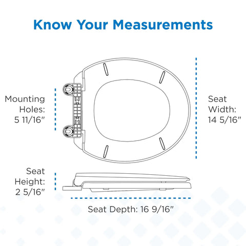 Round Bathroom Toilet Seat Built From Heavy Duty Plastic With Smooth Operator Soft Close Hinges And Nonslip Bumpers dimensions diagram.