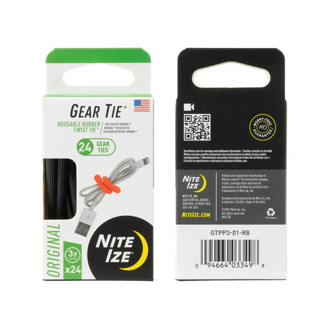 Gear Tie 3 Inch Reusable Rubber Twist Tie packaging front and back for cord organization, 24 Pack Black