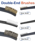 8 Piece Wire Brush Set With Brass Stainless Steel And Nylon Bristles For Rust Busting Dirt Scrubbin And Paint Scrubbin Double Ended Cleaning Picks In A Portable Orange Case showcasing double-end brushes.