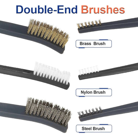 8 Piece Wire Brush Set With Brass Stainless Steel And Nylon Bristles For Rust Busting Dirt Scrubbin And Paint Scrubbin Double Ended Cleaning Picks In A Portable Orange Case showcasing double-end brushes.