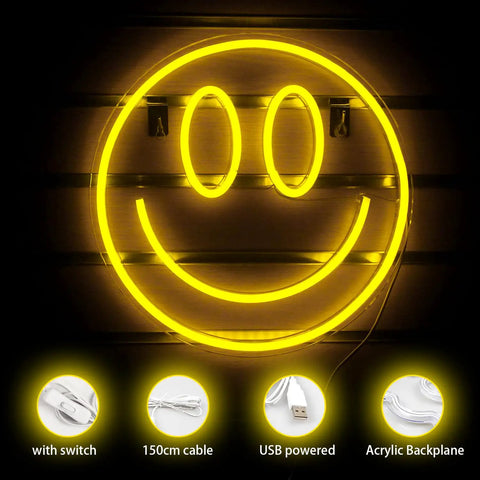 Happy Face Neon Sign LED Neon Light Wall Decor USB Powered Yellow Neon for Bedroom Kids Room Wedding Party Acrylic