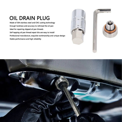 Sick Of Slipped Threads? Grab This Heavy Duty Piggyback Oil Drain Plug With M12x1.5 Stainless Steel Self Tapping Repair Kit Plus Extension Drill And Wrench For Quick Fix On Your Engine, 304 stainless steel plug and wrench