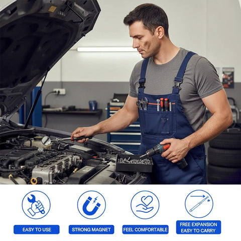 Mechanic using 3 Piece Telescoping Magnet Pickup Tool Kit with inspection mirror for auto repair under car hood
