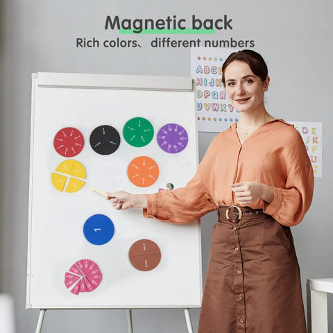 Teacher with Magnetic Fraction Tiles Circle Set For Kids, 51 Pieces Rainbow Math Manipulatives on a whiteboard in classroom