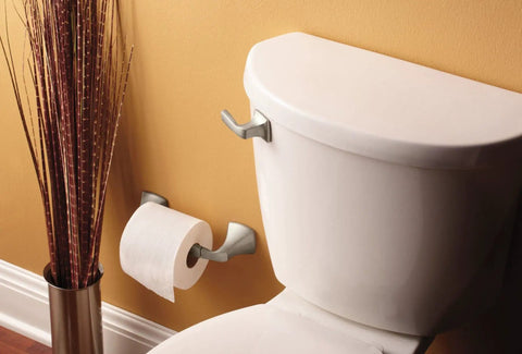 Bathroom with toilet featuring Brushed Nickel 2.97 Inch Decorative Toilet Tank Flush Lever Slick And Easy Install For Front Side