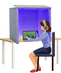 Portable Microphone Soundproof Foam Booth Cube High Density Noise Isolating Acoustic Panels For Podcast Content Creator Studio Recording Streaming Voiceover Desk Setup with a user at a desk.