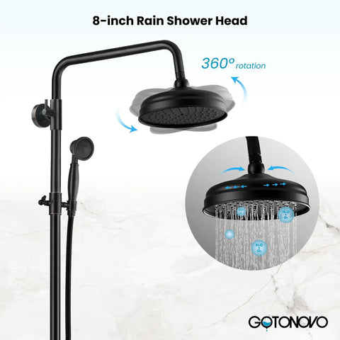 Oil Rubbed Bronze Wall Mount 8 Inch Round Shower Head Triple Function Exposed Pipe System With Brass Construction displayed