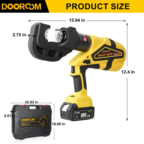 Pro-Gear Heavy Duty Electric Hydraulic Cable Lug Crimping Tool 12-Ton Battery Operated Connector Workshop showing dimensions and battery.