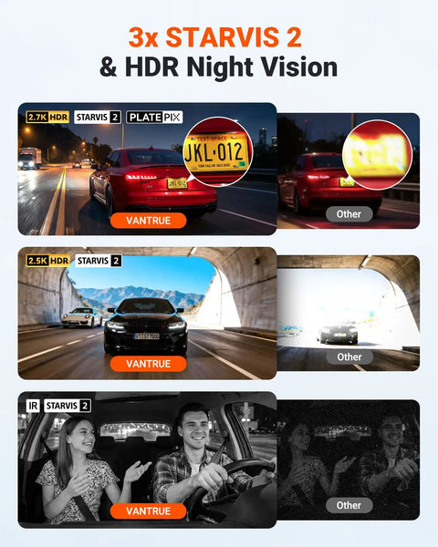 N4S 3 Channel Dash Cam With 2.7K Front, 1440P Interior And 1440P Rear Video showcasing STARVIS 2 Night Vision and HDR.