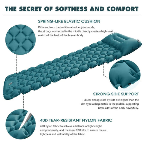 Fast Inflate Camping Mattress With Foot Pump On The Go Ergonomic Design Peacock Blue nylon showing cushion and support features