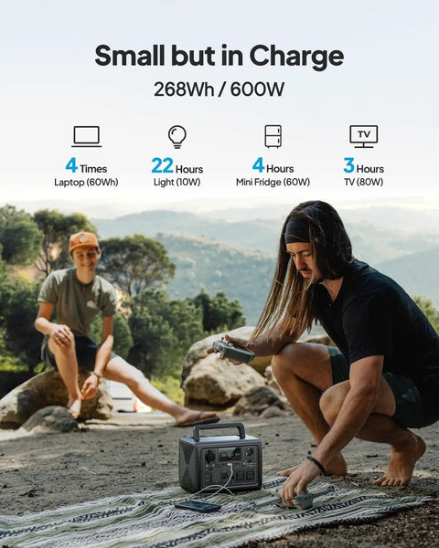 Two people camping with a Portable Power Station With 268Wh LiFePO4 Battery Solar Generator Featuring Two 600W AC Outlets