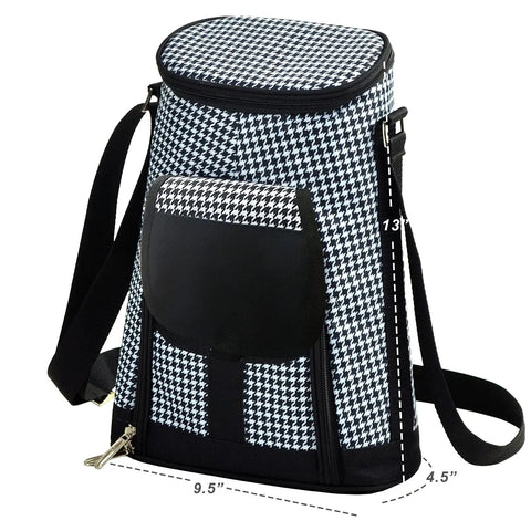 Party Squad Ready Two Bottle Insulated Wine Tote Bag With Houndstooth Pattern side view showcasing dimensions and strap.