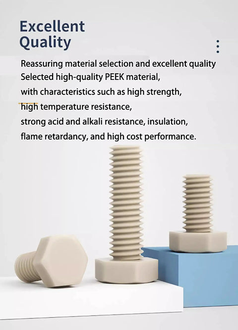 Top Shelf M3x16 PEEK Hex Head Screws 10 Pack arranged with emphasis on high quality PEEK material and features.