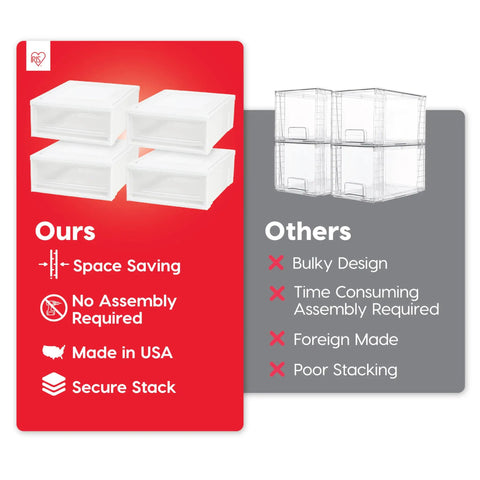 Comparison of under bed storage solutions highlighting Under Bed Storage Drawer Set 22 Qt Stackable Plastic Organizer Bins With Smooth Glide Sliding Drawers 4 Pack White Durable Made In USA Storage Solution For Bedroom Closet And Toy Rooms.