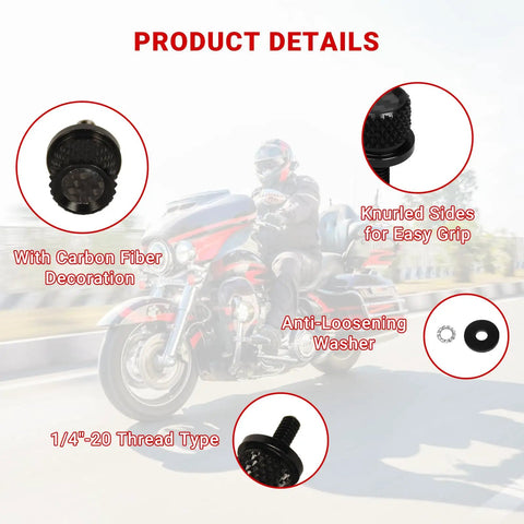 Badass Carbon Fiber 1/4 Inch Motorcycle Seat Bolts Knurled Quick Release Easy One Hand Swap For Harley Softail Dyna Sportster Touring Rigs Black showing knurled grip and anti-loosening washer.