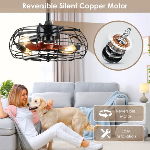 Dope Farmhouse Style Ceiling Fan With Light And Remote Control Enclosed Caged 8 Blade in living room with dog
