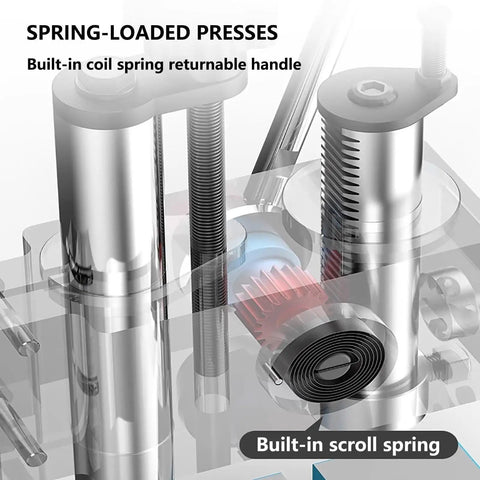 Close-up of the spring-loaded mechanism showing built-in coil spring and handle of Heavy-Duty Cast Iron Arbor Press Rock Solid Half-Ton Manual Stamping Vise.