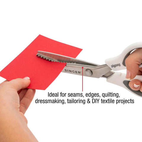 ProSeries 9 Inch Pinking Shears With No Fray Zigzag Edge Heavy Duty Stainless Steel Blades White Soft Grip Handle For Easy Pain-Free Fabric Cutting And Fray-Free Seams cutting red fabric
