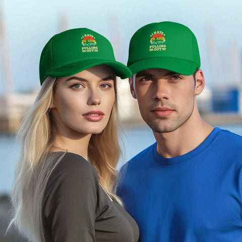 Two people wearing Dope Funny Camper RV And Trailer Trucker Hat Mesh Baseball Cap For Men Women Dad Green Lightweight Polyester Blend