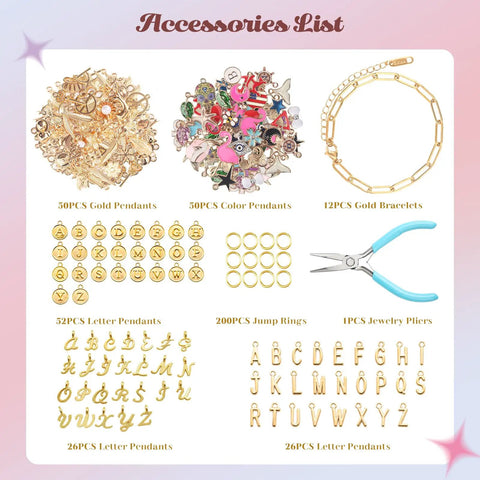 Stainless Steel Gold Charm Bracelet Making Kit For Beginners DIY Jewelry Craft Set with accessories list including chains and charms.