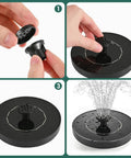 1W Solar Bird Bath Fountain Pump With 6 In 1 Nozzles showing assembly and spraying water in outdoor garden pond