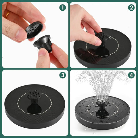 1W Solar Bird Bath Fountain Pump With 6 In 1 Nozzles showing assembly and spraying water in outdoor garden pond