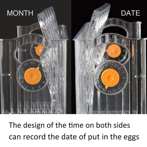 30 Grid Egg Organizer For Refrigerator With 3 Layer Flip Top Design showing date and month dials for tracking egg storage