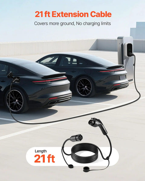 21 Foot J1772 EV Charger Extension Cable 48 Amp Heavy Duty Charging Cord for Electric Cars shown with two vehicles charging.