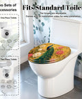 Elongated Peacock Flowing Tail Feathers Peonies Vintage Golden Toilet Seat installed on standard toilet, displaying vibrant peacock design.