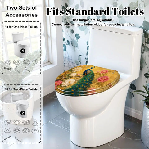 Elongated Peacock Flowing Tail Feathers Peonies Vintage Golden Toilet Seat installed on standard toilet, displaying vibrant peacock design.
