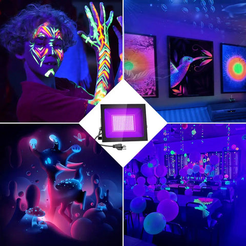 2 Pack 60W LED Black Light Flood Lights With Plug, IP66 Waterproof Neon Glow illuminating poster, body paint, and party decor
