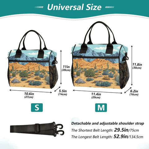Desert Landscape Insulated Cooler Bag For Women, Portable Leakproof Lunch Tote With Detachable Straps, size comparison.