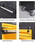 Heavy Duty 3 Drawer Rolling Tool Chest With Locking Cabinet 2 in 1 Metal Storage Cart On Wheels For Garage Workshop And Warehouse Green Sturdy Cold Rolled Steel Large Capacity Organizer close-up of handle, wheels, drawer track, and lock