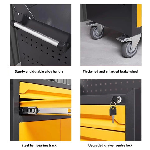 Heavy Duty 3 Drawer Rolling Tool Chest With Locking Cabinet 2 in 1 Metal Storage Cart On Wheels For Garage Workshop And Warehouse Green Sturdy Cold Rolled Steel Large Capacity Organizer close-up of handle, wheels, drawer track, and lock