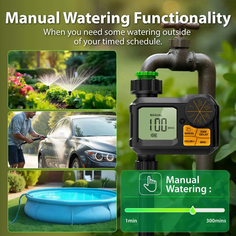 Easy Setup Smart Garden Hose Timer With Rain Delay displayed on outdoor faucet showing manual watering options.