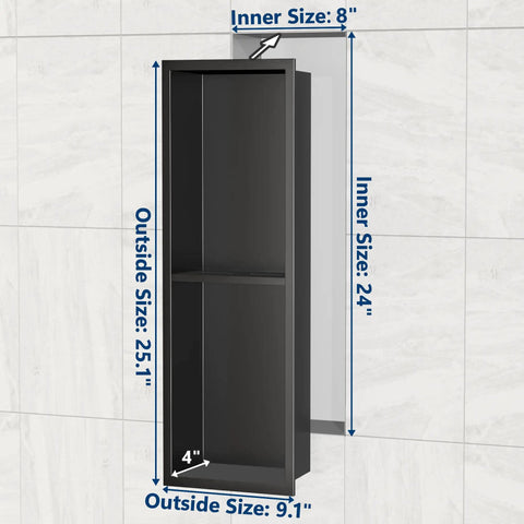 Stainless Steel Shower Niche 8 Inch By 24 Inch Recessed Wall Nook With Double Shelves No Tile Needed Matte Black Bathroom Storage Waterproof Built In Shelf Divider shown installed in tiled wall.