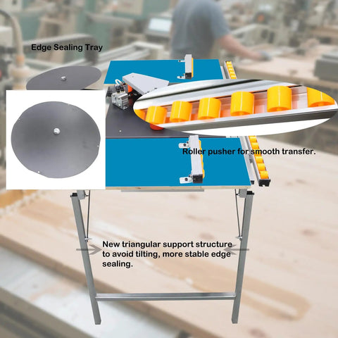 Full Auto Edge Banding Machine Woodworking Benchtop Station with edge sealing tray and roller pusher for smooth transfer.