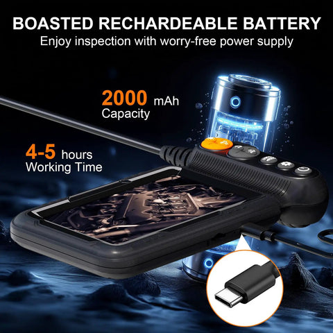 Endoscope Camera With Light Dual Lens 1080p HD Borescope IP67 Waterproof Snake Camera showing 2000mAh battery and screen